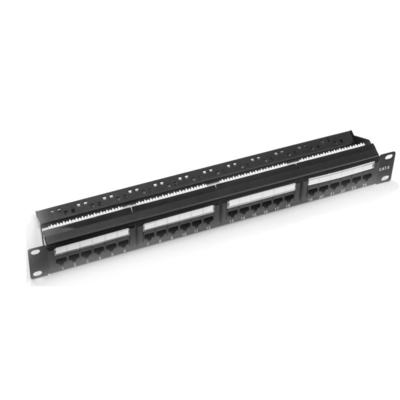 ধাতু RJ45 ইথারনেট প্যাচ প্যানেল ঢালাই Cat5e/Cat6/Cat6a/Cat7 কালো 1U 2U ক্যাবল ম্যানেজমেন্ট সহ